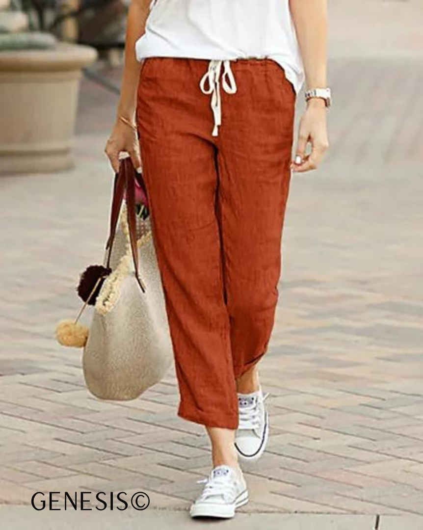 Plain linen and cotton pants with drawstring and elastic waist 