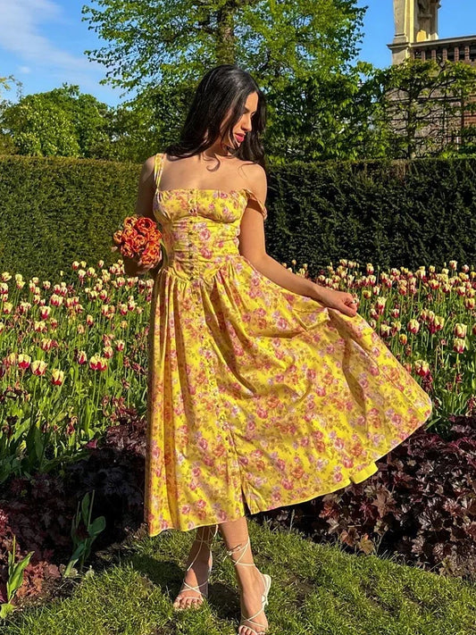 Robe corset à imprimé floral jaune