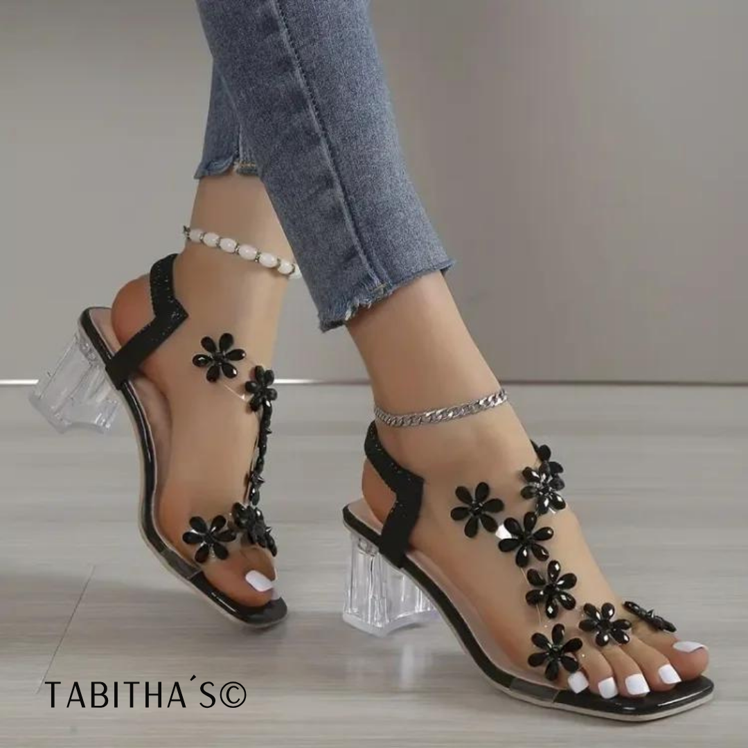 Tabitha´s© - Sandales à talons pour femmes avec strass et fleurs