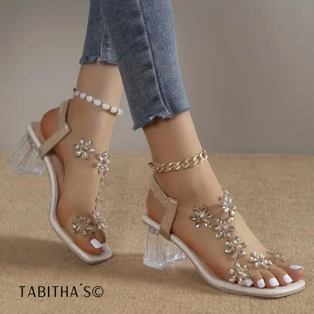 Tabitha´s© - Sandales à talons pour femmes avec strass et fleurs