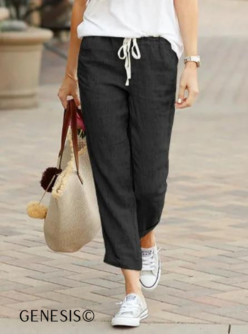 Plain linen and cotton pants with drawstring and elastic waist 