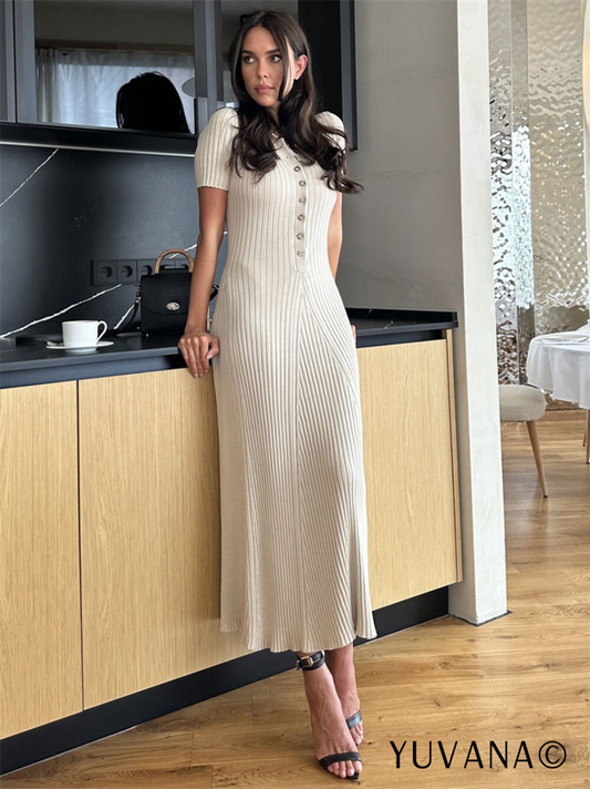 Yuvana© - Ribbed Knit Fitted Long Dress 