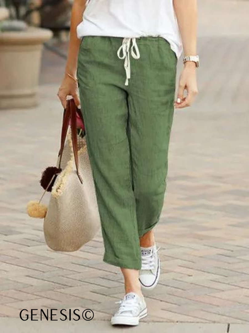 Plain linen and cotton pants with drawstring and elastic waist 