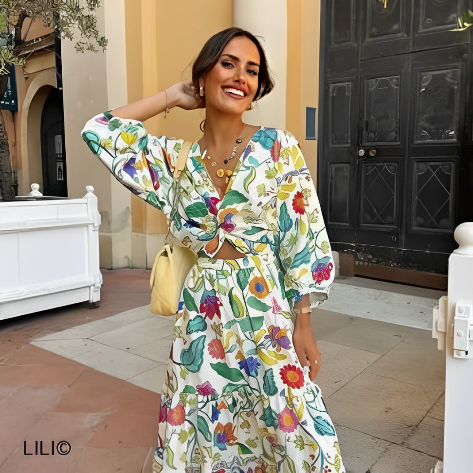 Lili© - Robe à imprimé floral, plissée, décolleté en V, manches bouffantes