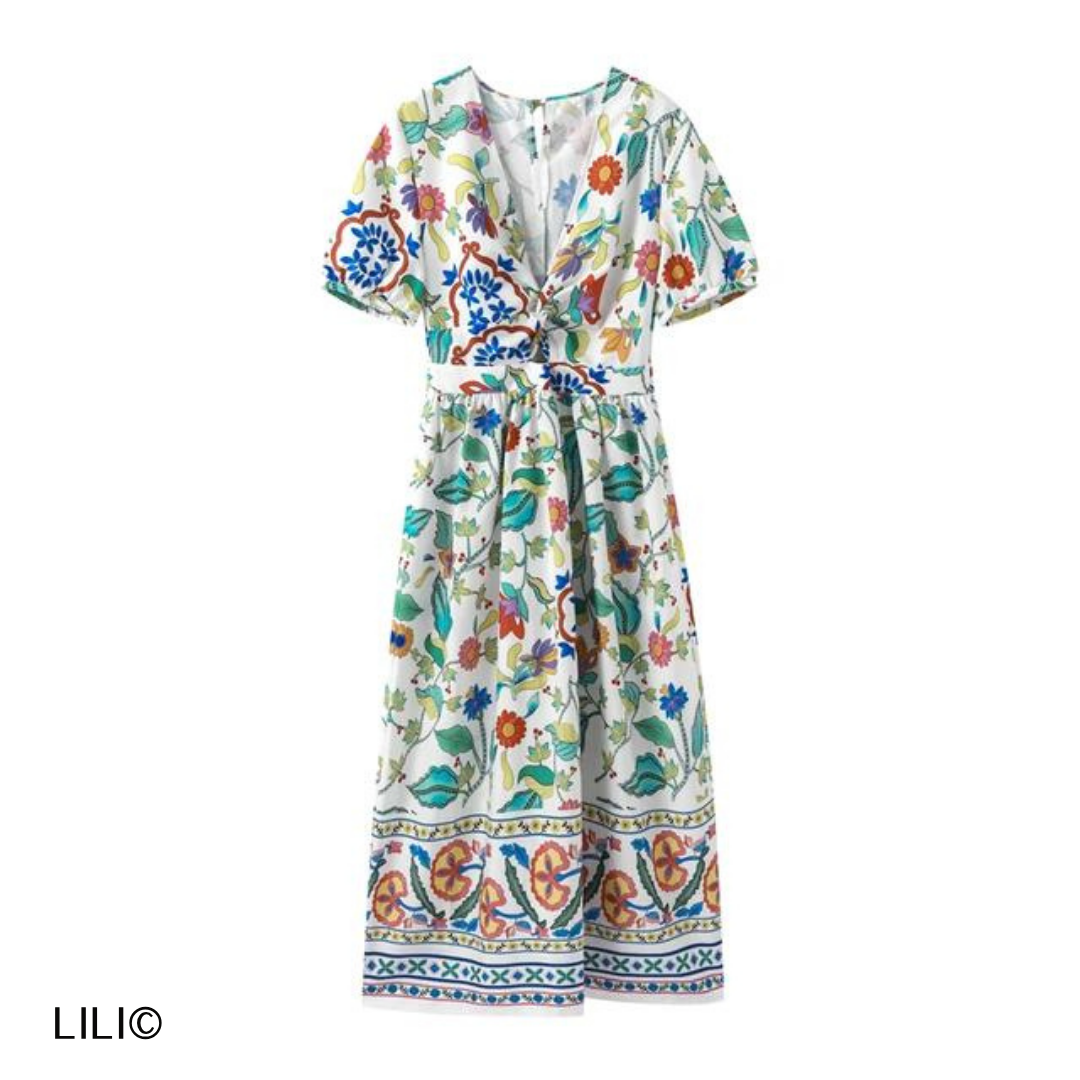 Lili© - Robe à imprimé floral, plissée, décolleté en V, manches bouffantes