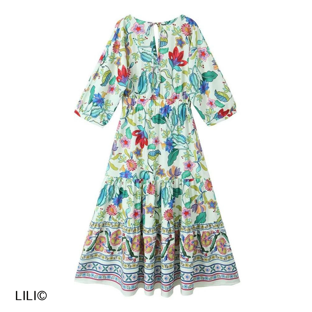 Lili© - Robe à imprimé floral, plissée, décolleté en V, manches bouffantes